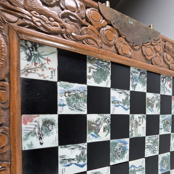 Vintage Chinese Hand Carved Jade Soapstone Chess Set Folding Wooden Case Drawers - Picture 4 of 16